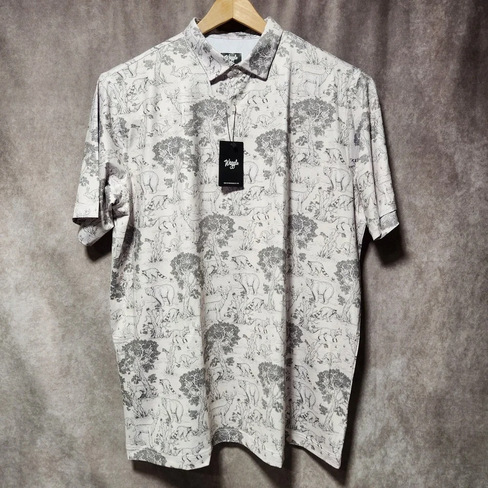 Men's WAGGLE Performance Golf Polo shirt 3XL Wildlif AOP deer rabbit raccoon fox - Picture 4 of 8
